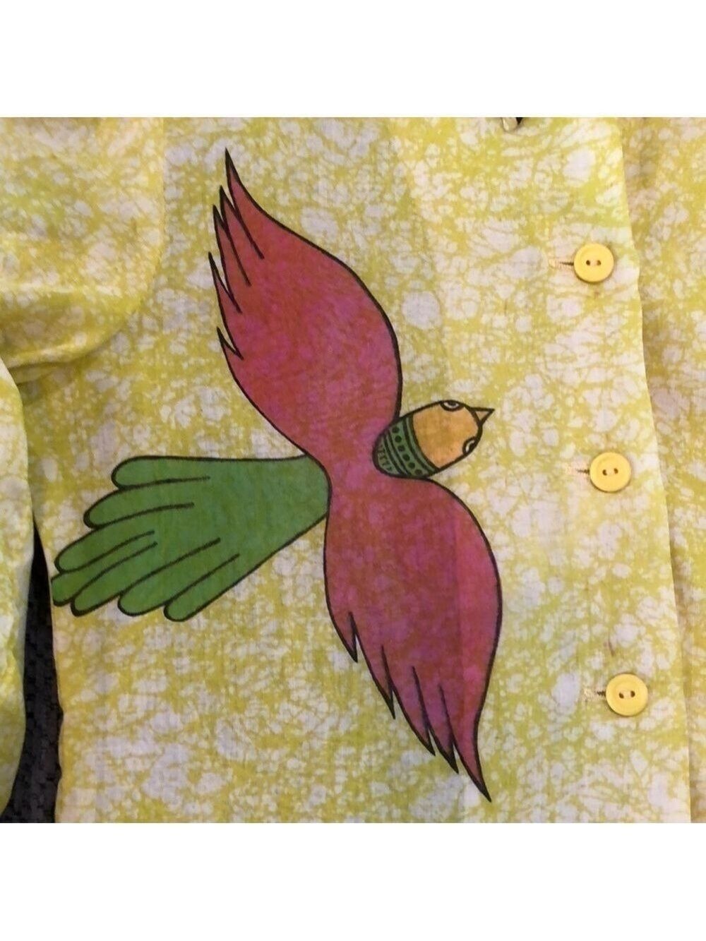 𝅺VINTAGE yellow blouse with colorful bird. Wearable art unique Size 3/4 - Picture 2 of 11